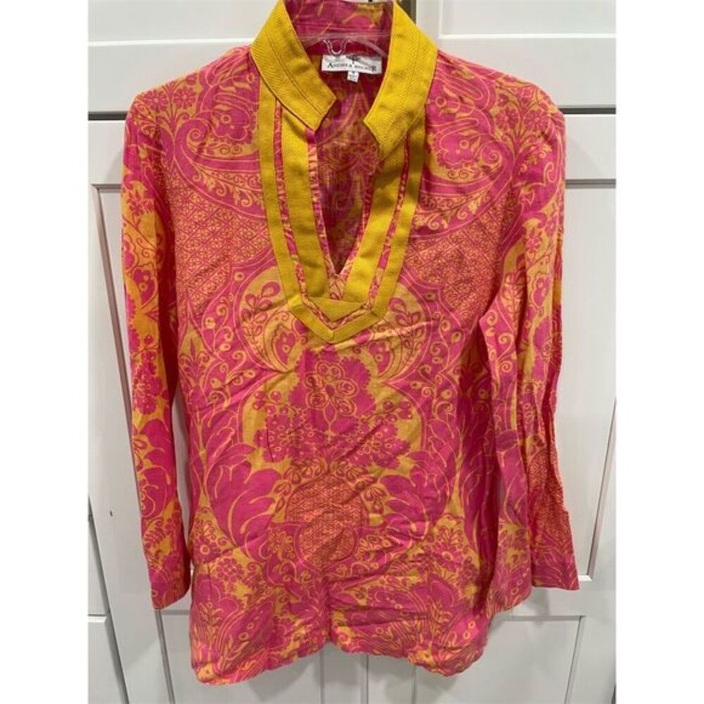 Andrea Becker Women's Floral Blouse Pink & Yellow Size S Multicolor Linen‎ Top
